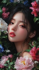 Naklejka premium Beautiful young woman surrounded by vibrant flowers, showcasing natural beauty and soft lighting in a serene composition