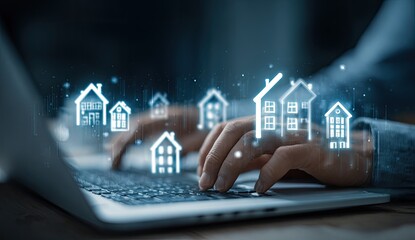 Digital representation of houses appears above a person typing on a laptop