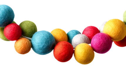 Colorful felt balls garland handmade craft decoration for party and celebration isolated on white background.