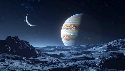 Stellar depiction featuring a giant gas planet, crescent moon, and rocky terrain
