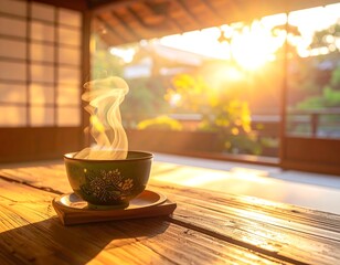 Steaming teacup on a wooden table with sunlit Japanese background