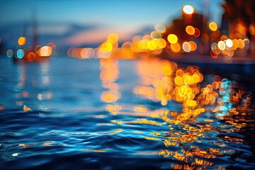 Fototapeta premium Out-of-focus city lights reflect on rippling water at dusk (1)