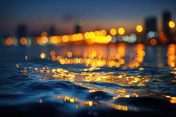 Rippling water reflects blurry golden city lights at dusk