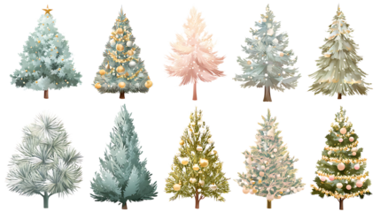 Collection of decorated Christmas trees festive winter holiday illustrations perfect for seasonal on white backgground.