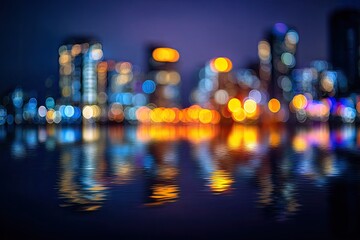 Blurred city skyline with glowing lights reflected on dark water at night