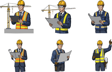 Construction engineer illustration with safety helmet, reflective vest, blueprint, and site supervision showing teamwork, planning, inspection, and building development