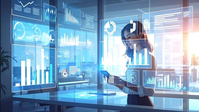 Businesswoman Analyzing Data on Futuristic Digital Interface