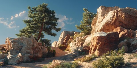 Majestic Desert Landscape with Towering Red Rocks and Lush Green Pine Trees Under a Clear Blue Sky.