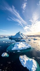 Stunning aerial view of icy waters and majestic white icebergs