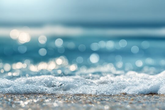 Soft focus shallow wave crashes gently on a sparkling, pebble-strewn shore