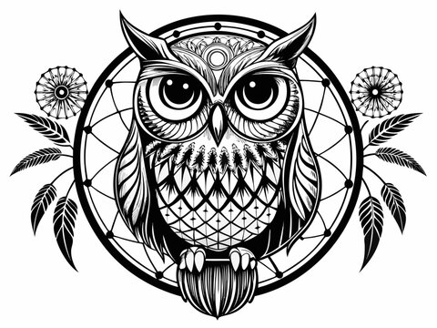 Intricate owl design with dreamcatcher and feathers