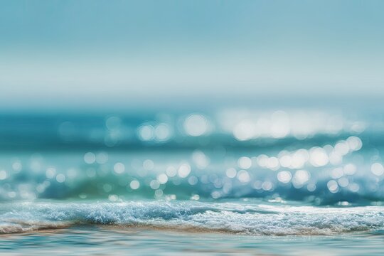 Soft, shimmering ocean waves gently lap sandy shore under bright sky