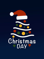 Merry christmas day with christmas tree ornament and santa hat. Color green, red, white and yellow with blue background