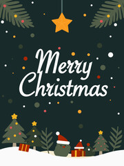 christmas card with christmas tree, snow, snowman, gift. 