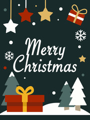 Greeting card merry christmas with ornament star, gift, tree, snow. 