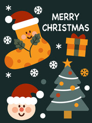 christmas card with santa claus, socks, gift, christmas tree. For merry christmas day greeting card