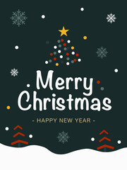 Merry christmas happy new year greeting card with ornament tree, snow flower. Color green, red, white and gold