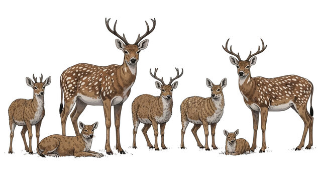 An illustration depicting a group of spotted deer of various ages and sizes, including adults, juveniles, and fawns, standing and resting.