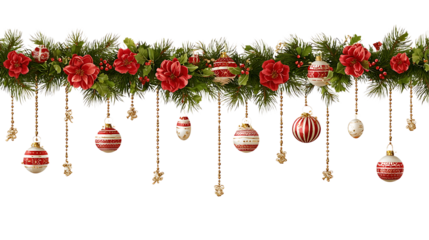 Christmas garland with red poinsettias and ornaments festive holiday decoration for winter season on white background.