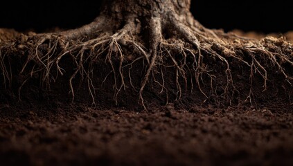 Intricate root system and rich soil, a grounding view of life's foundation