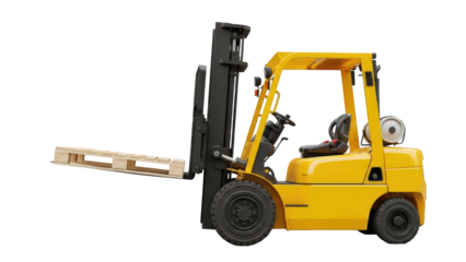 Yellow forklift with wooden pallet, modern industrial vehicle isolated on transparent background