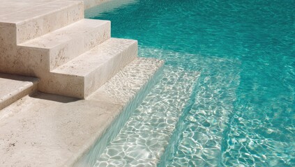 Sunlit, clear blue water gently laps against beige stone steps into a refreshing swimming pool