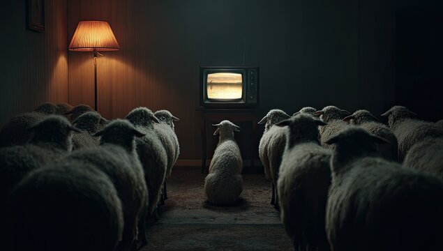 Sheep mesmerized by glowing television screen in a dimly lit room
