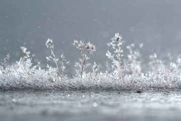 Delicate frost crystals adorning dry winter vegetation on a cold, gray surface