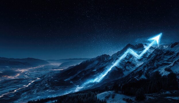 Glowing blue arrow charts growth ascending a dark, starry mountain