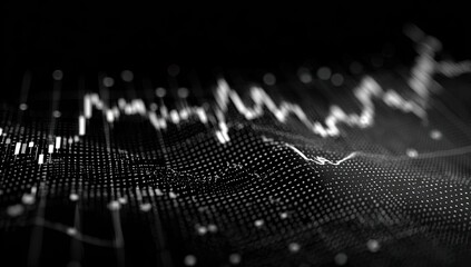 Abstract digital waves of data points and fluctuating lines on a dark background