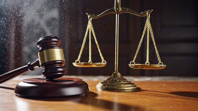 Justice Scales And Gavel On A Wooden Desk With Dust Particles In Dramatic Lighting