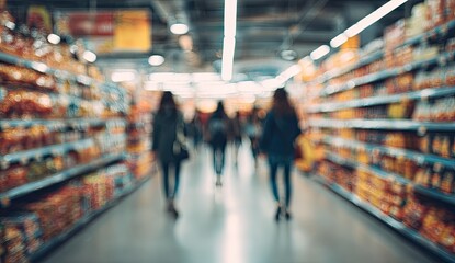 Blurred aisle in a busy supermarket with shoppers browsing products