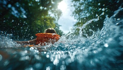 Fototapeta premium Person with orange float swimming through sunlit, splashing water
