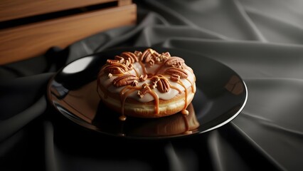 Delicious gourmet donut with pecans and caramel glaze on a black plate, with a dark background