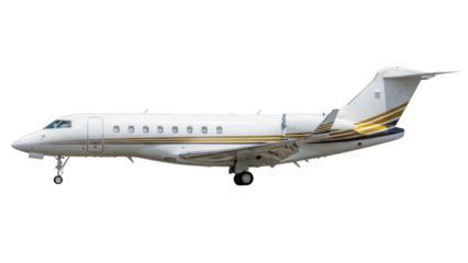 White private jet with gold accents isolated for luxury travel isolated on transparent background