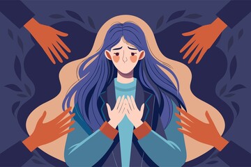 Upset young woman seeking support as hands reach out to her, a visual representation of mental health awareness and the importance of community support