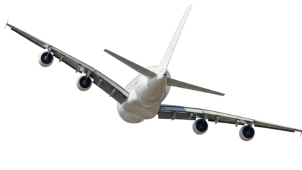 Large white passenger jet aircraft flying, isolated rear view isolated on transparent background
