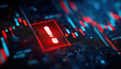 Red exclamation mark alert on abstract glowing digital data chart