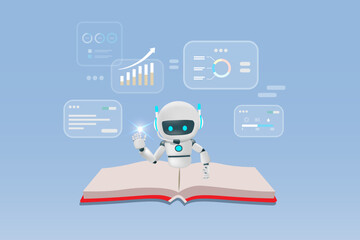 AI chat robot reading and analyzing book. Artificial Intelligence as smart assistant for student to summarize and conclusion of the study book. Machine learning, Education technology. Vector.