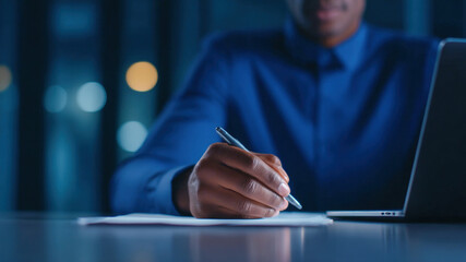 Modern office business work space scene with focus on hand writing notes by laptop under soft evening light, calm mood supports productivity and concentration in contemporary workplace environment