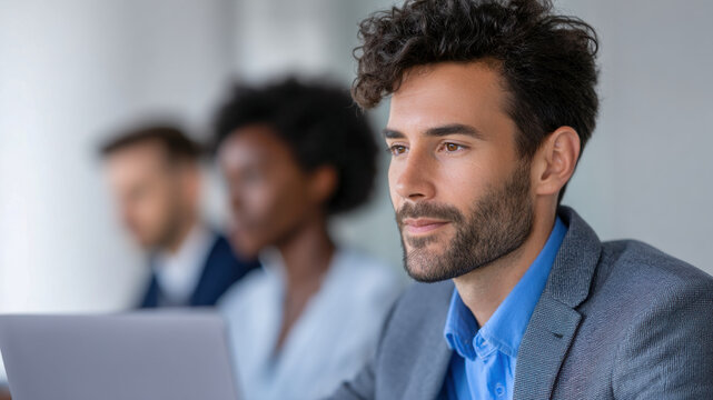 Modern office business work space vibe with focused young man laptop suit, thoughtful expression, clean light interior, teamwork background, contemporary corporate setting, productivity and calm