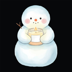 Cute snowman making candle vector watercolor illustration, isolated winter cartoon character

