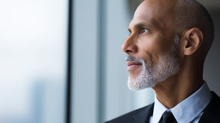 whitecollar. A confident business professional in a suit, exuding professionalism with natural light in an office setting. pitch deck slides.
