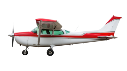 Red and white single engine propeller plane, general aviation. isolated on transparent background