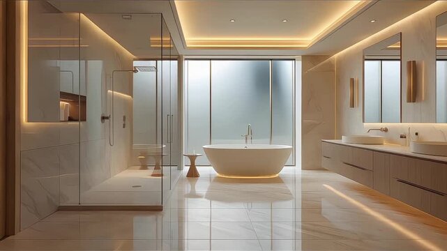 Cinematic Smooth Motion View of a Modern Luxury Bathroom Interior with Elegant Lighting and Premium Architectural Details