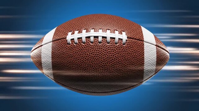A realistic rendering of a football, with brown leather texture and white stripes, on a blue background