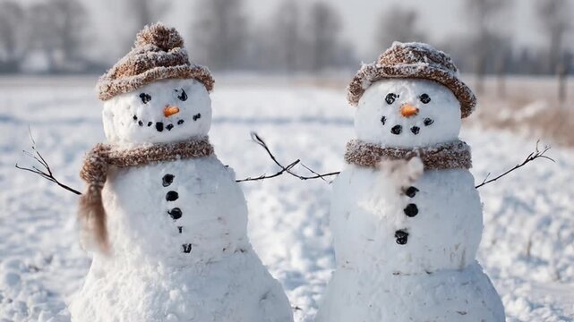 Two snowmen stand in a very sunlit field, wearing scarves and knit hats, smiling under bright light