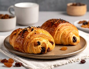 Close-up of two golden, flaky pastries with black seeds and raisins