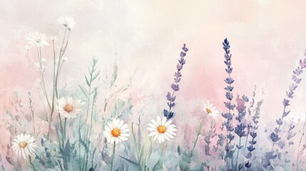 Soft Pastel Floral Background with Daisies and Lavender in a Serene Natural Setting of Gentle Colors