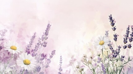 Pastel Floral Background with Lavender and Daisy Flowers in Soft Watercolor Style